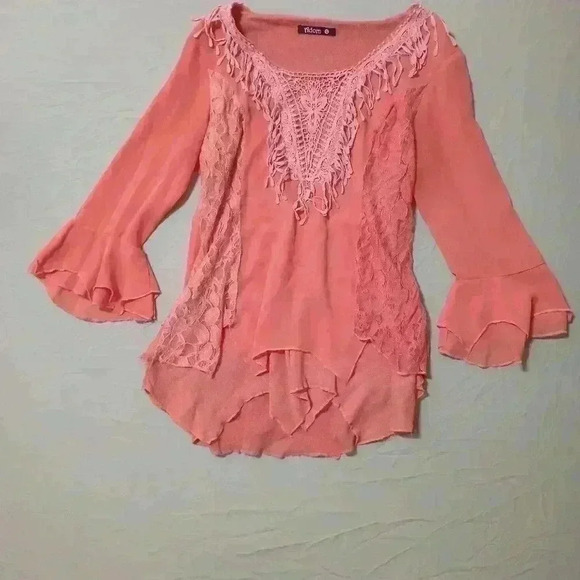 Adorn Peach Flowy Blouse Lace Gauze Crochet Tassel Crew Neck Flirty Preppy Boho - Picture 1 of 6